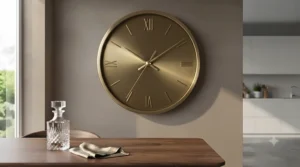 A distressed vintage-style wall clock featuring classic Roman numerals, adding character to a traditional British lounge.