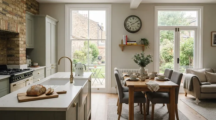 A classic vintage wall clock hanging on a neutral-toned living room wall in a British home, highlighting its traditional dial and pendulum. vintage wall clocks