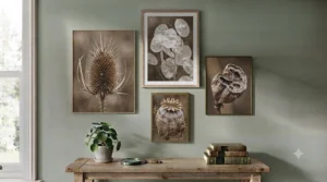 Soft watercolour botanical gallery wall set in a bedroom setting.
