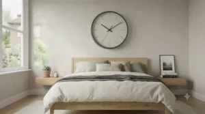 Natural wooden silent wall clock above a bed, ideal for a quiet British bedroom environment.