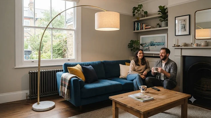Modern black metal arc floor lamp arched gracefully over a contemporary grey fabric sofa in a stylish British living room. arc floor lamp over sofa