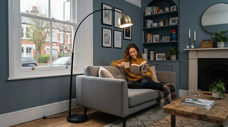 Stylish arc floor lamp arching over a modern grey sofa in a British living room, showcasing budget lighting options under £100. arc floor lamps under £100