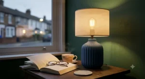 A sleek black ceramic table lamp providing task lighting on a tidy home office desk with a laptop and notebook.