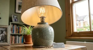 A ceramic table lamp fitted with an energy-efficient LED bulb, casting a warm and inviting glow against a painted wall.