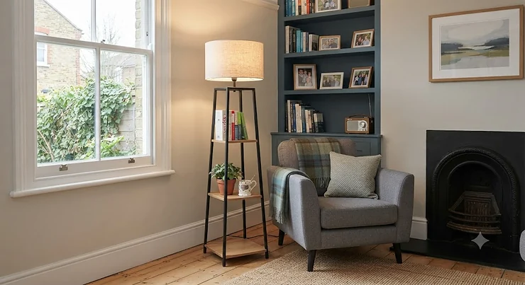 Modern wooden floor lamp with built-in shelving styled in a contemporary British living room. floor lamp with shelves