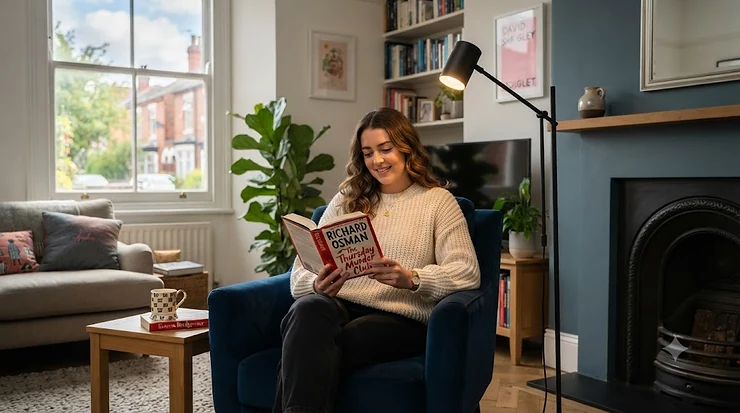 A modern LED reading floor lamp illuminating a cosy British living room corner, priced under £50. LED reading floor lamps under £50