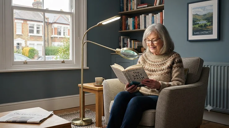 A modern reading floor lamp with a built-in magnifying lens positioned over a book in a British living room, providing bright, adjustable light for hobbies and low-vision reading. reading floor lamp with magnifier