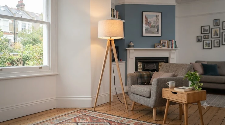 Modern Scandinavian tripod floor lamp with a wooden base illuminating a cosy British living room. Scandinavian tripod floor lamps