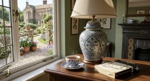 A small grey ceramic table lamp providing warm reading light on a bedside table next to a neatly made bed.