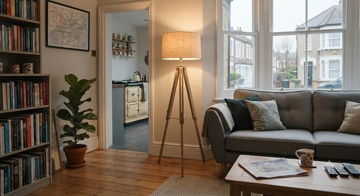 Stylish living room featuring various tripod floor lamps under £60 illuminating a modern British home. tripod floor lamps under £60