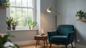 A minimalist floor corner lamp casting a soft, warm glow to enhance room ambience on a budget.