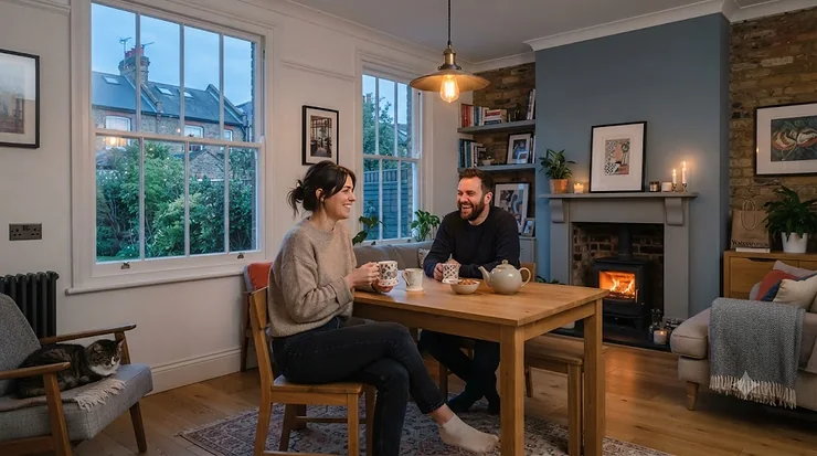 A stylish living room illuminated by warm, affordable ambient lighting under £30, creating a cozy and inviting atmosphere. ambient lighting under £30