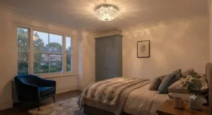 Cosy master bedroom styled with warm-toned crystal flush ceiling lights to add a touch of understated glamour