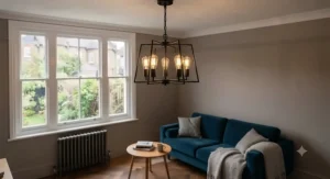 Contemporary black metal small chandelier adding a striking focal point to a minimalist lounge.