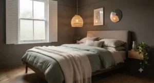 A calm, bohemian-style bedroom with a small tiered rattan pendant lampshade casting warm light over a made bed.