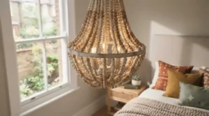 Boho-inspired beaded chandelier adding texture to a neutral bedroom.