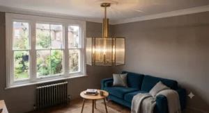 Elegant brass and ribbed glass mini chandelier casting a soft glow over a velvet sofa.