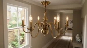 Elegant brass-finish chandelier brightening a traditional UK hallway.