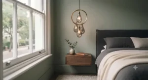 Close-up of a brushed brass oversized statement light fixture showing high-end metallic detailing.