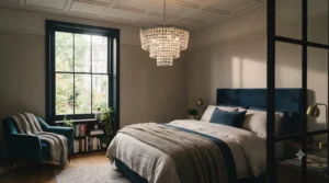 A budget-friendly beaded glass chandelier providing statement lighting under £200 in a neutral bedroom scheme