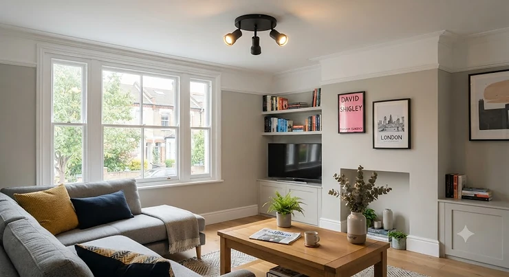 A modern black flush-mount ceiling light installed in a contemporary British living room, priced under £50. ceiling lights under £50