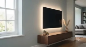 Colour-changing LED strip lights mounted behind a television screen to reduce eye strain and add modern mood lighting.