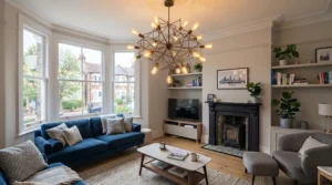 Sleek flush mount large living room ceiling lights installed in a modern London apartment.