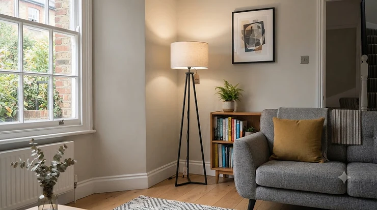 Modern corner floor lamp illuminating a cosy UK living room, showcasing stylish lighting options under £80. corner floor lamps under £80
