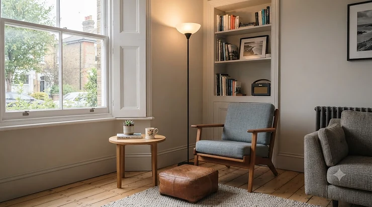 Stylish corner uplighter floor lamp illuminating a cosy modern British living room with warm ambient lighting. corner uplighter floor lamps