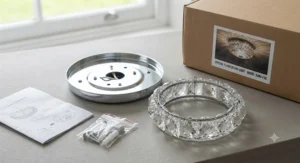Uninstalled crystal flush ceiling light fixture showcasing its sturdy mounting bracket and dangling crystal drops