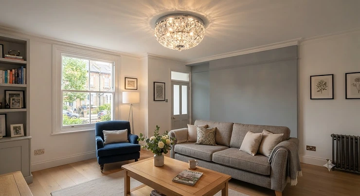 A modern living room illuminated by elegant crystal flush ceiling lights, creating a bright and luxurious British home interior crystal flush ceiling lights