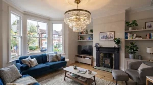 Dimmable large living room ceiling lights creating an ambient evening atmosphere in a British lounge.