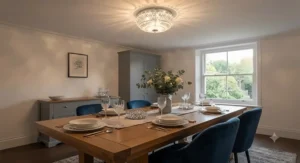 Elegant dining area featuring modern crystal flush ceiling lights providing sparkling ambient illumination over a wooden table