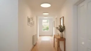 Bright and energy-efficient flush ceiling lights under £40 illuminating a narrow hallway in a UK home.