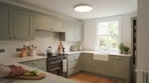 Bright LED flush ceiling lights under £40 providing practical task lighting for a compact British kitchen.