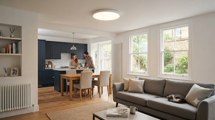 Modern flush ceiling lights under £40 installed in a contemporary UK living room, offering a sleek low-profile lighting solution. flush ceiling lights under £40