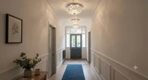 Narrow hallway illuminated by compact crystal flush ceiling lights, offering a stylish lighting solution for lower ceilings