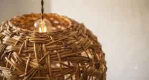 A close-up view of intricate handmade natural rattan weaving on a dome pendant light showing sustainable texture.
