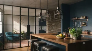 Industrial-style black metal statement lighting under £200 fitted above a modern kitchen breakfast bar