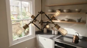 Industrial-style multi-bulb chandelier hung over a kitchen island.