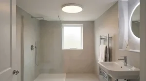 IP44 waterproof flush ceiling light under £40 suitable for safe installation in UK bathrooms and cloakrooms.
