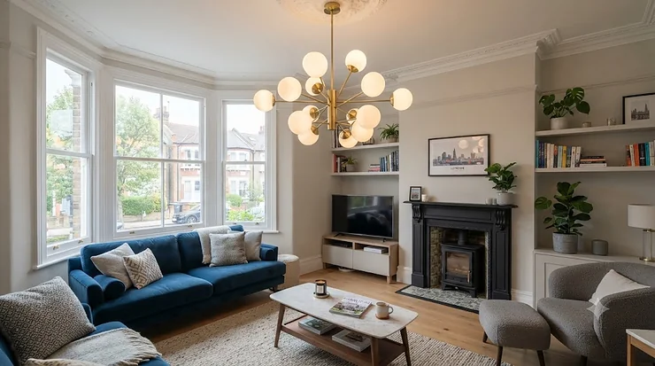 Modern chandelier hanging from a high living room ceiling in a contemporary British home, showcasing large living room ceiling lights. large living room ceiling lights