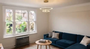Energy-efficient LED small chandelier illuminating a contemporary apartment living space.