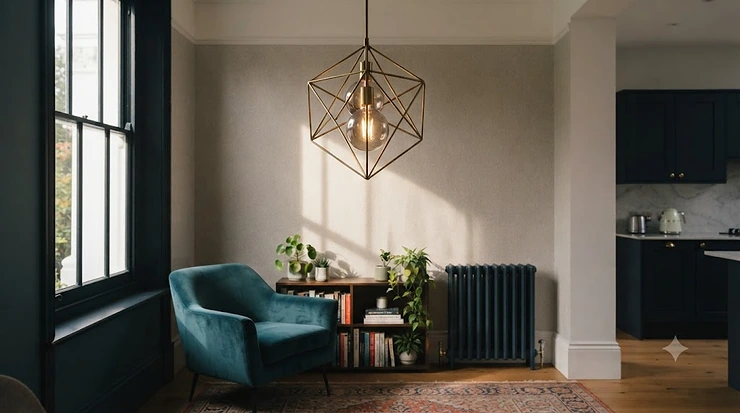 Affordable statement lighting under £200 illuminating a cosy UK living room with a striking geometric brass pendant statement lighting under £200