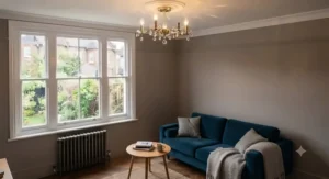 Flush-mount small chandelier designed specifically for lower ceilings in a compact British sitting room.