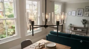 Contemporary black metal chandelier styled in a modern British dining room.