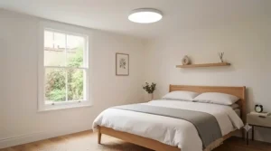 Minimalist flush ceiling light under £40 featuring a clean white finish, ideal for modern British apartments with low ceilings.