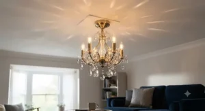 Modern mini crystal chandelier mounted on a living room ceiling with warm ambient lighting.