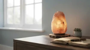 A natural Himalayan salt lamp switched on in a study, emitting a soothing amber hue for relaxing workspace ambience.