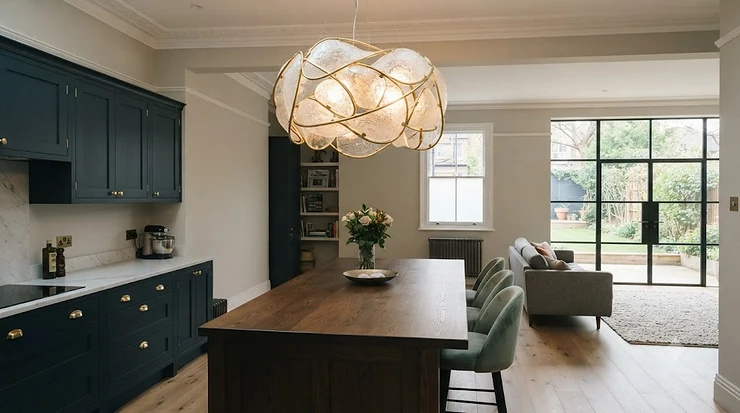 Oversized statement light fixtures hanging above a contemporary British living room sofa, showcasing a modern interior design style. oversized statement light fixtures